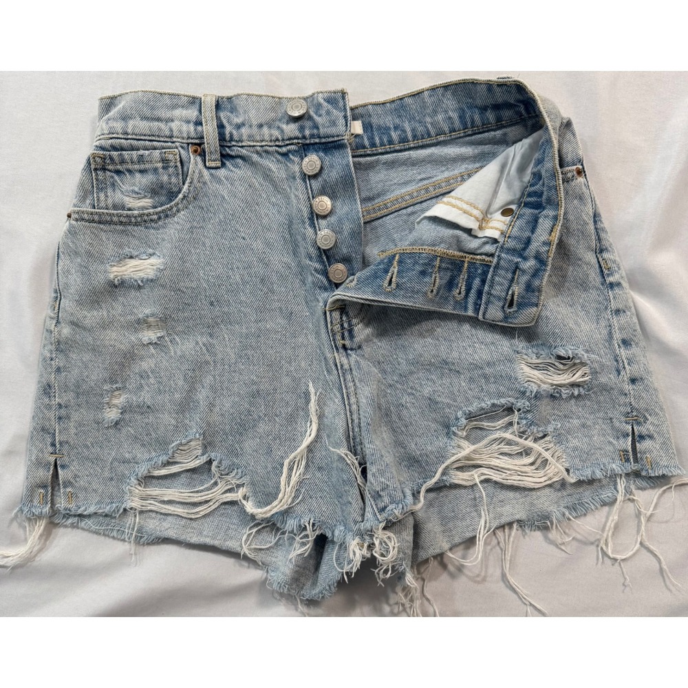 PacSun High Rise Icon Short Light Wash Distressed Denim Button Fly Size 25